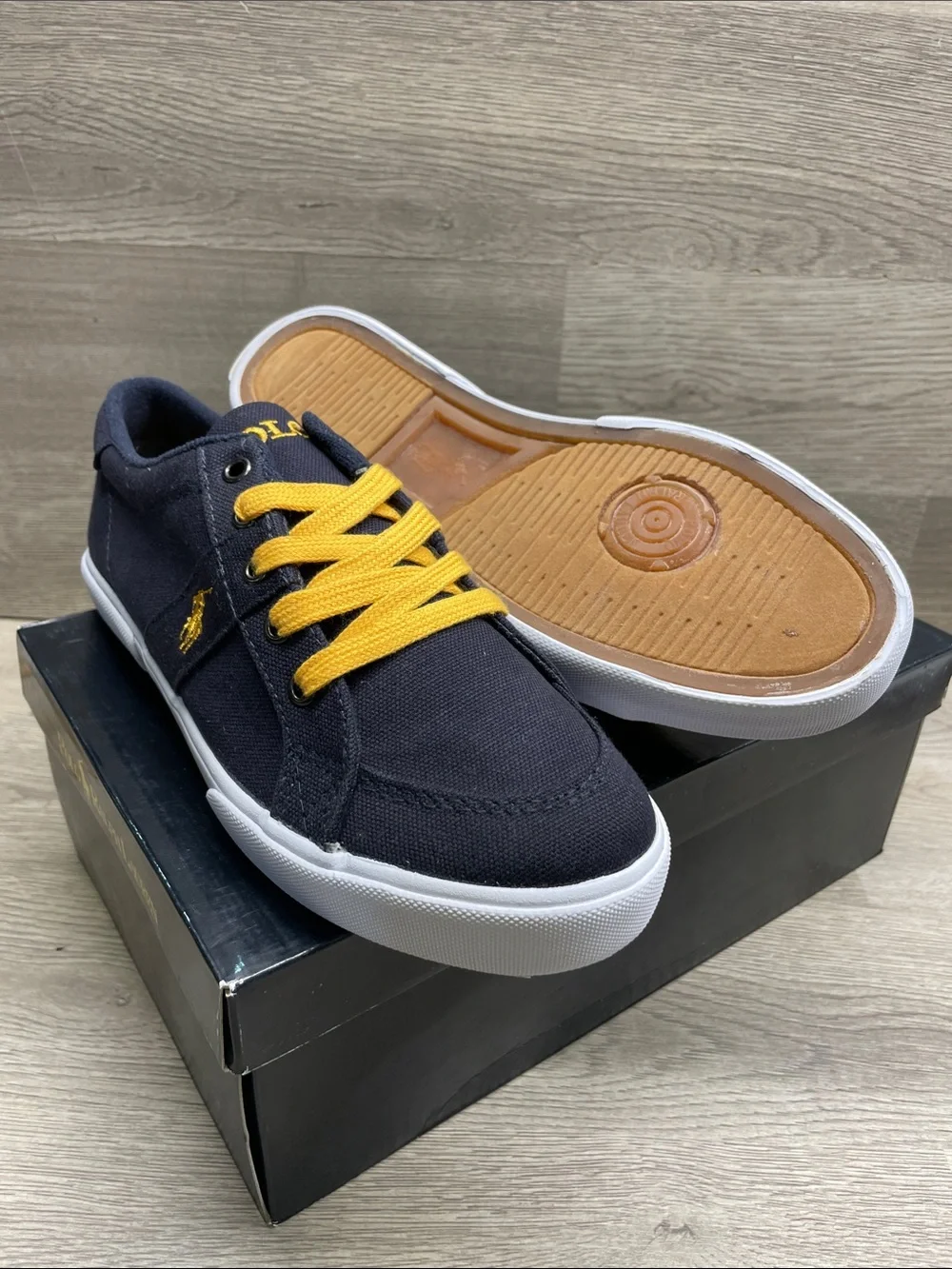 Polo by Ralph Lauren Navy Canvas Kids Sneakers with Yellow Laces #932
